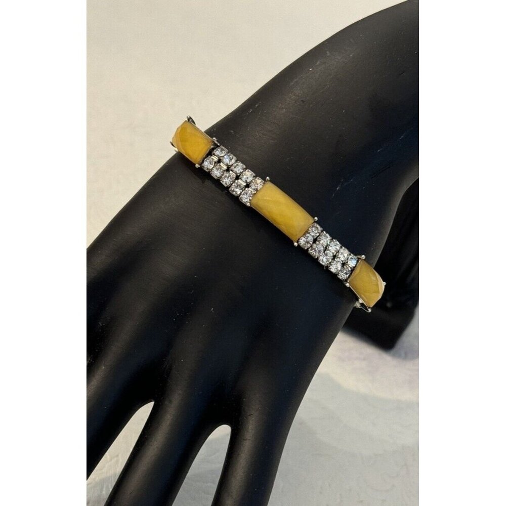 Vintage Monet Bracelet Rhinestone Yellow Faceted Faux Citrine Stretch Silver